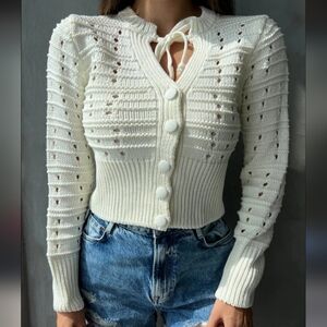Zara Size XS Women’s Ivory Cropped Open-Knit Button Cardigan Sweater